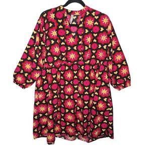 Mata Traders Babydoll Dress Medium Geometric Floral Pockets 3/4 Sleeves Boho